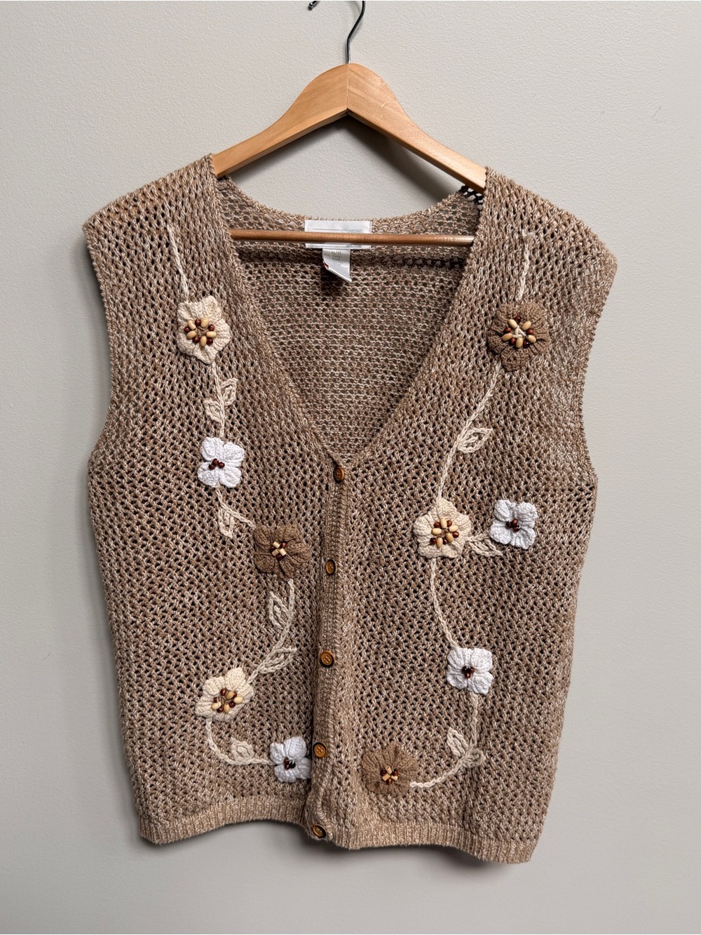 cleo Tan Hand-Knit Floral Embroidered Button Vest